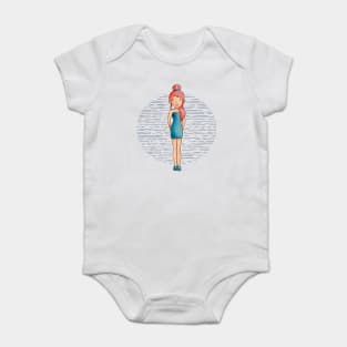 Cute girl with long red hair wearing a teal outfit and shoes. Baby Bodysuit